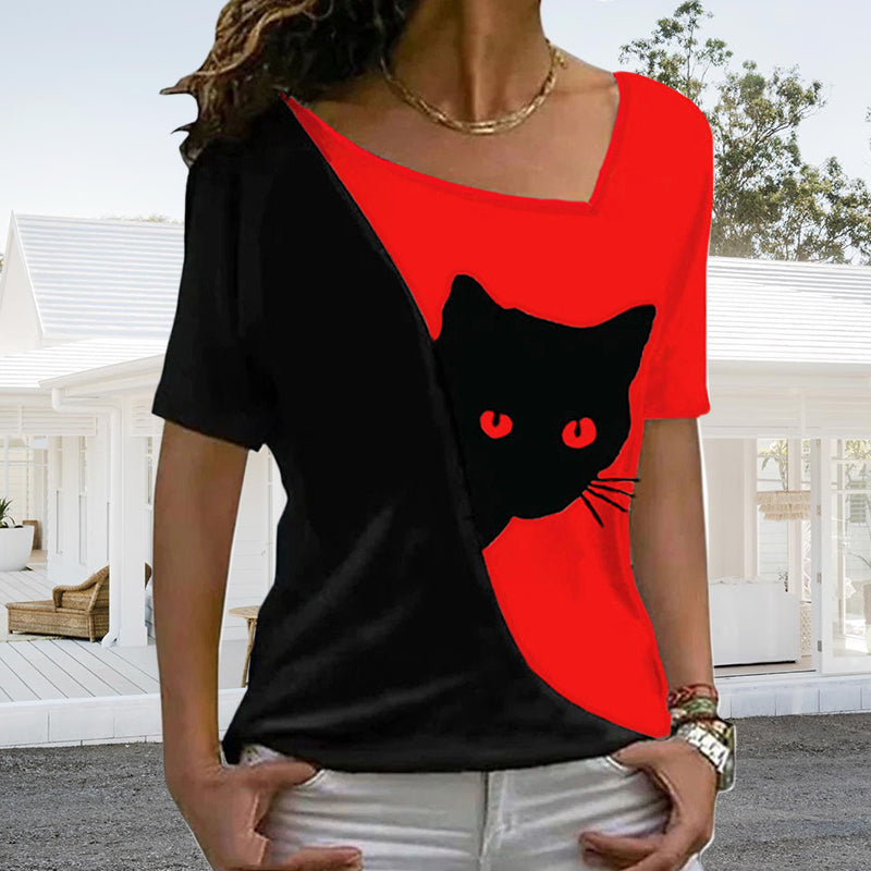 Diagonal Neck Black Cat T-Shirt