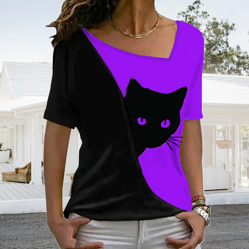 Diagonal Neck Black Cat T-Shirt