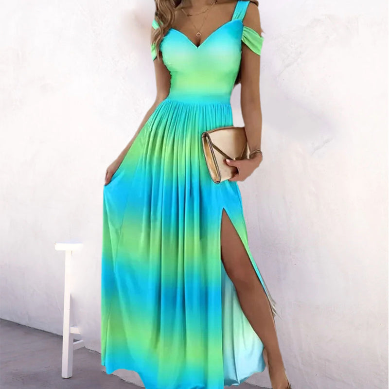 Off-the-shoulder V-neck Slit Dress