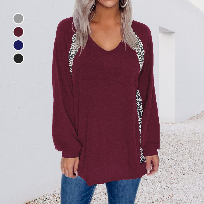 Leopard Print Stitching V-Neck Loose Pullover