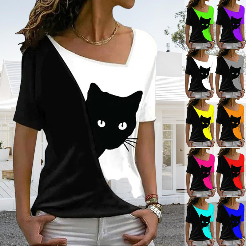 Diagonal Neck Black Cat T-Shirt