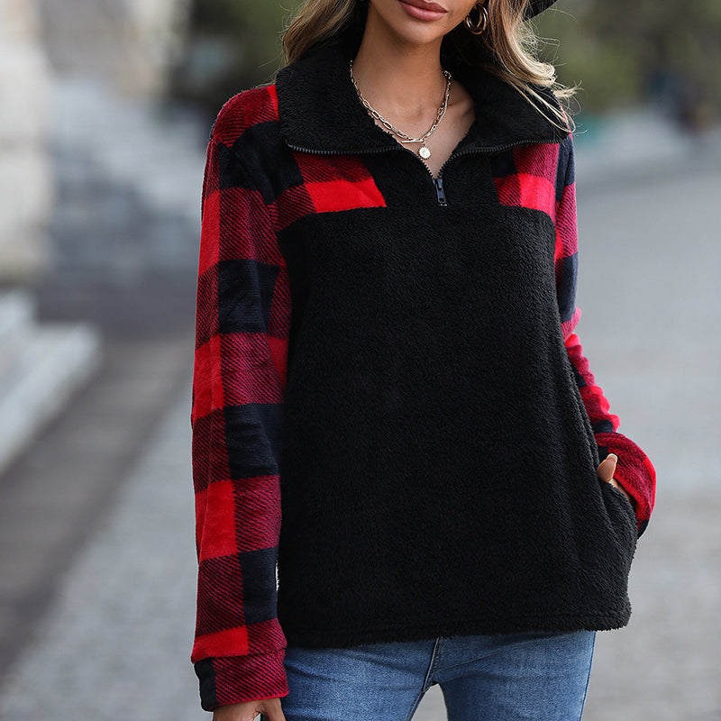 Women's Long Sleeve Top Plaid Quarter Zip Sweatshirt