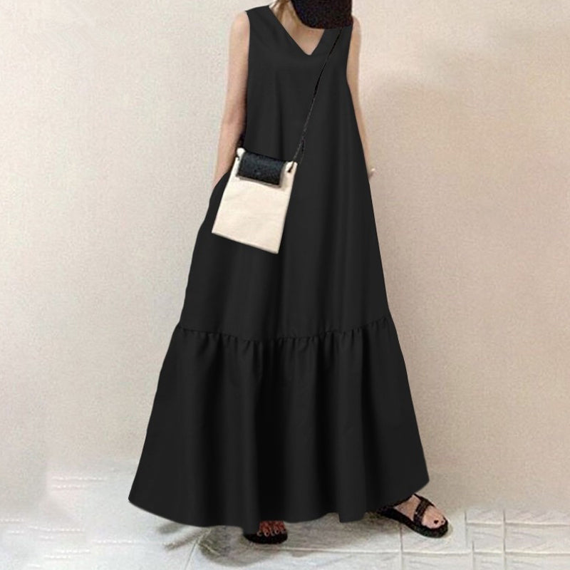 V-Neck Solid Color Sleeveless Pocket Long Dress