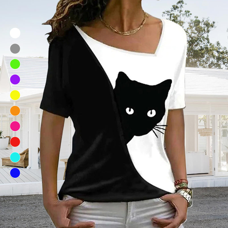 Diagonal Neck Black Cat T-Shirt