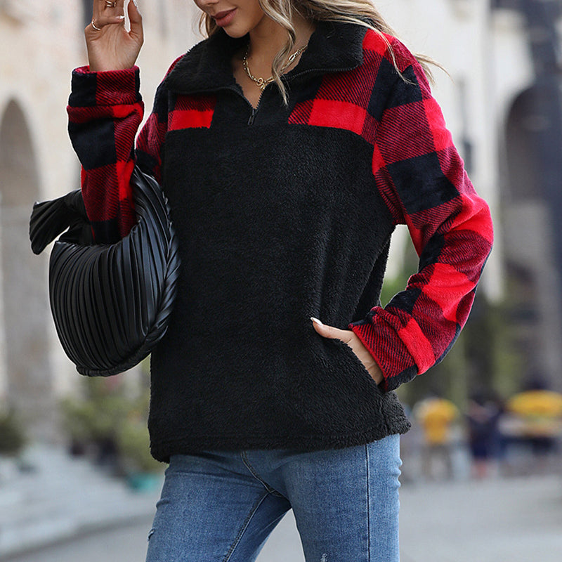 Women's Long Sleeve Top Plaid Quarter Zip Sweatshirt