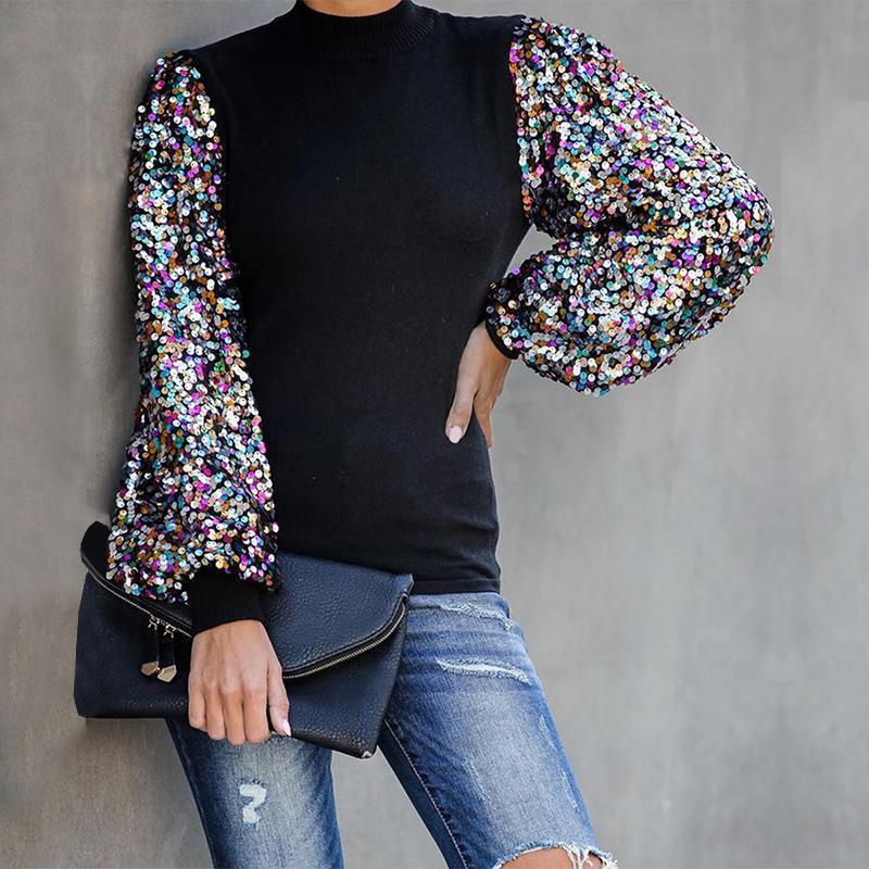 Half Turtle Neck Sequins Blouse