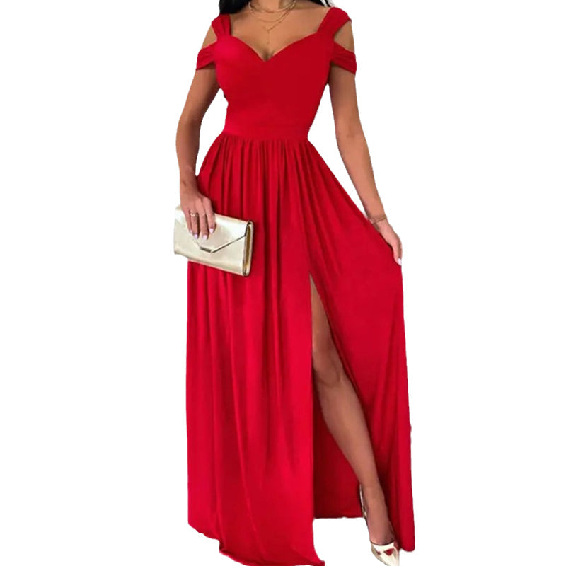 Off-the-shoulder V-neck Slit Dress