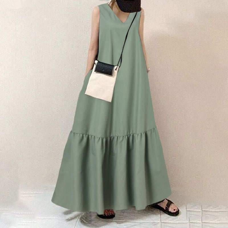 V-Neck Solid Color Sleeveless Pocket Long Dress