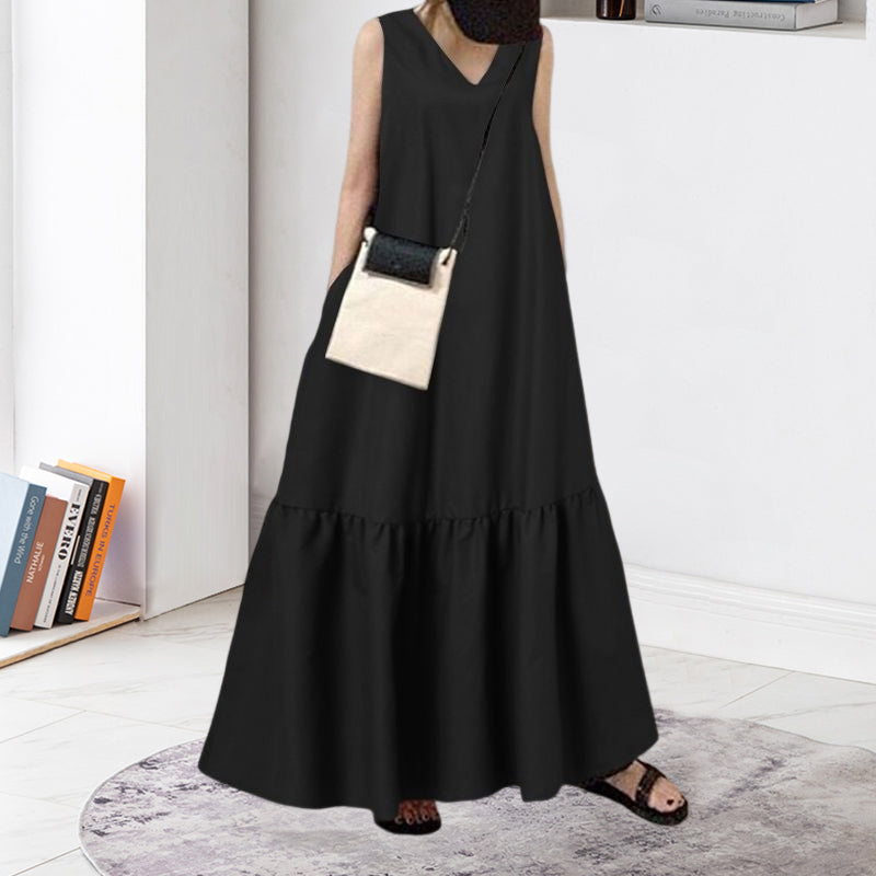 V-Neck Solid Color Sleeveless Pocket Long Dress