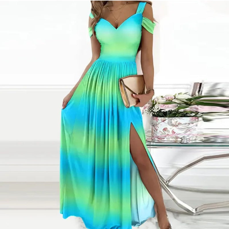 Off-the-shoulder V-neck Slit Dress