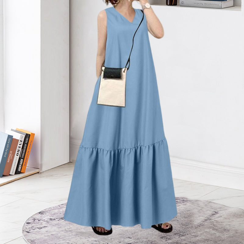 V-Neck Solid Color Sleeveless Pocket Long Dress