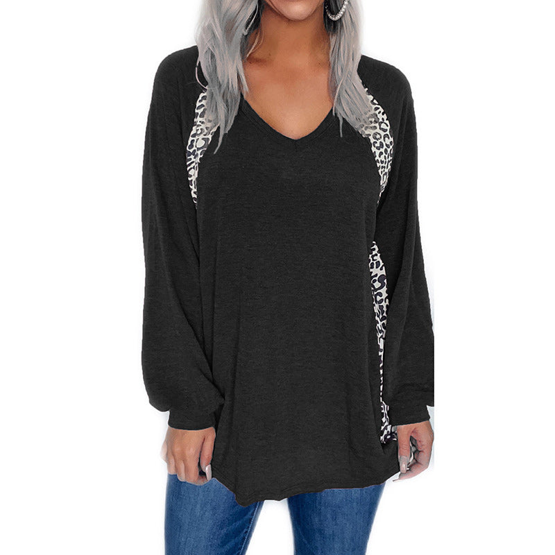 Leopard Print Stitching V-Neck Loose Pullover