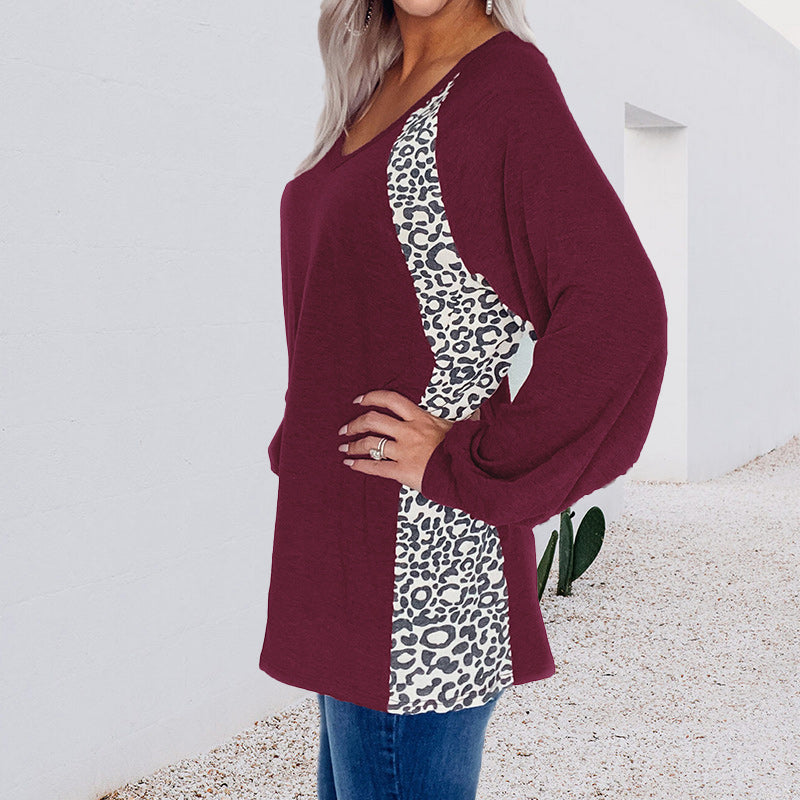 Leopard Print Stitching V-Neck Loose Pullover