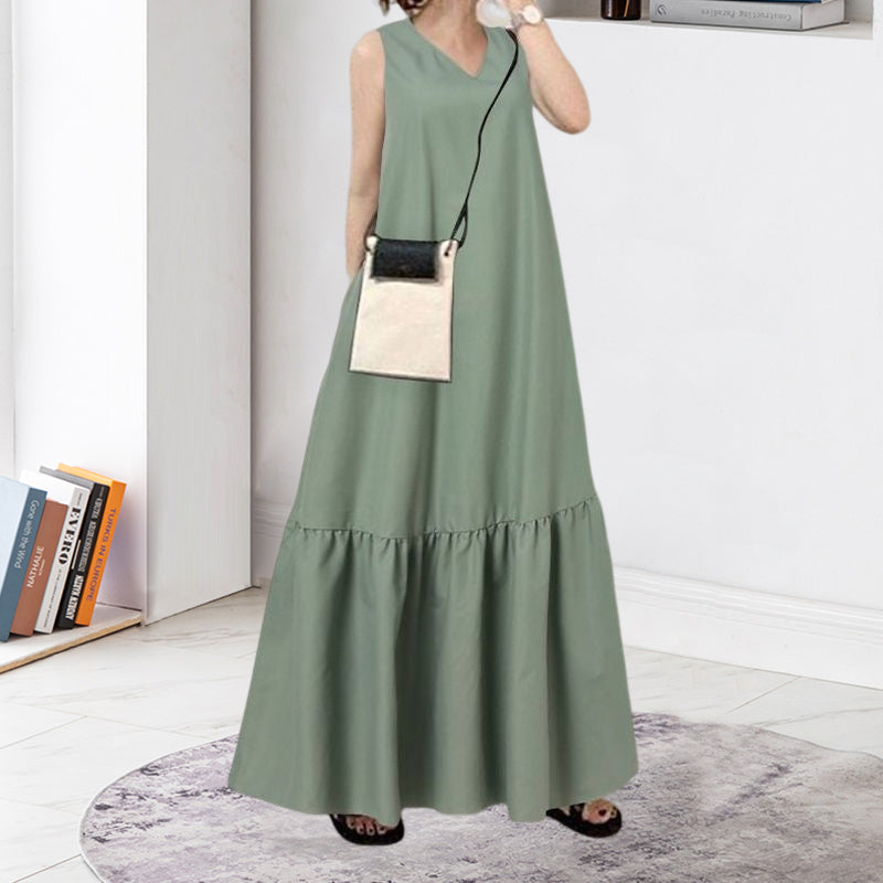 V-Neck Solid Color Sleeveless Pocket Long Dress