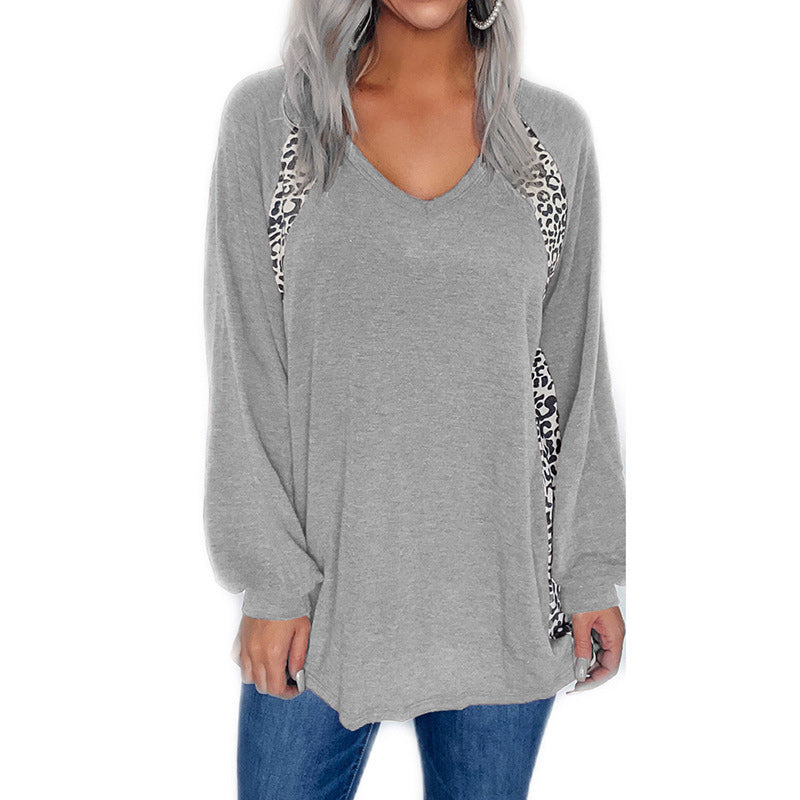 Leopard Print Stitching V-Neck Loose Pullover