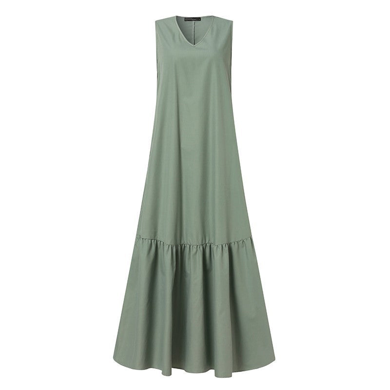 V-Neck Solid Color Sleeveless Pocket Long Dress